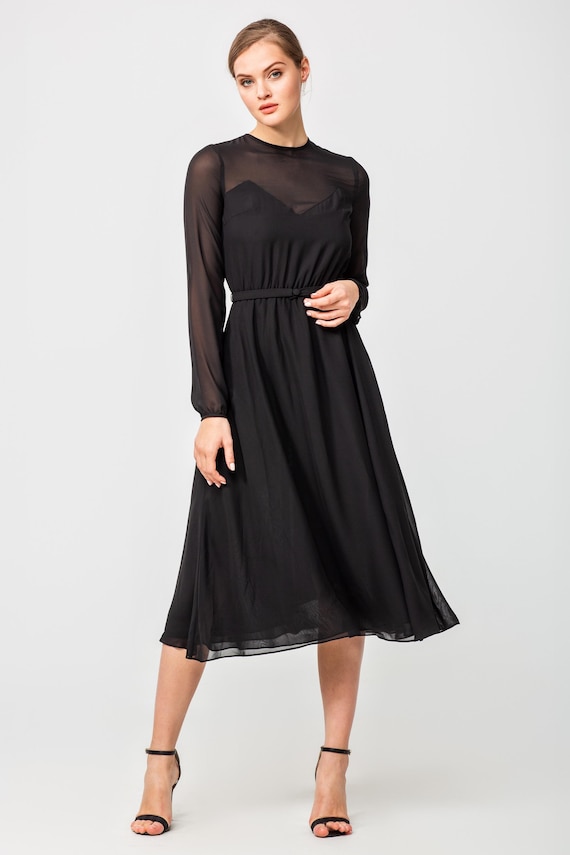 Black Chiffon Midi Dress with Sheer Sleeves | Timeless Minimalism with An Elegant Twist