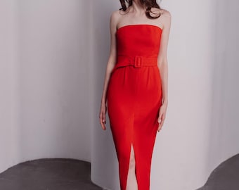 Red Formal Dress with Slit and Belt — Strapless Maxi Gown