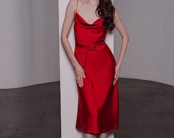 Elegant Red Slip Midi Dress – Silk-Effect Satin, Cowl Neck, Belted Waist – Perfect Parties & Romantic Evenings