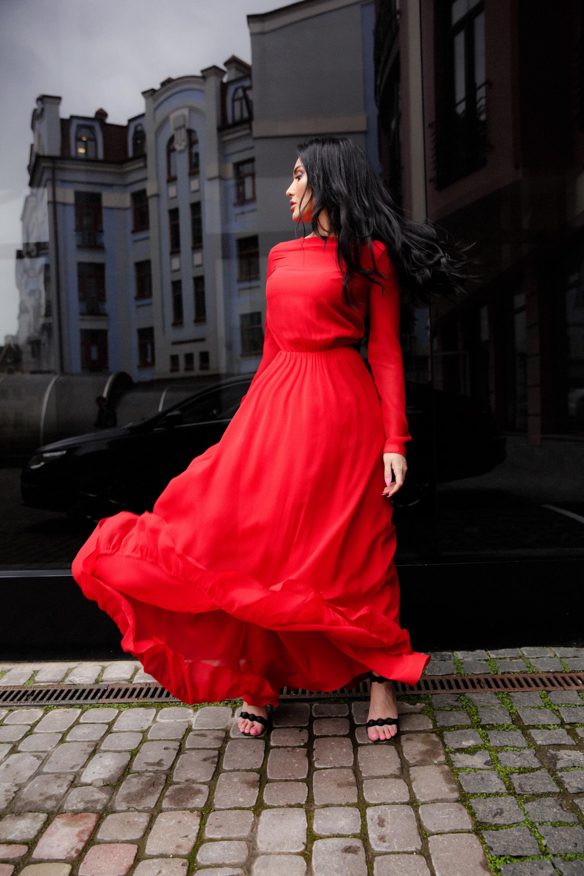 Red Long Sleeve Maxi Dress – Elegant Modest Evening Dress with Flowing Skirt