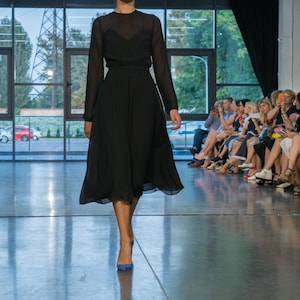 Black Chiffon Midi Dress with Sheer Sleeves | Timeless minimalism with an elegant twist