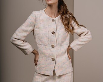 Tweed Jacket for Women | Wool Blend, Pearl Button Blazer