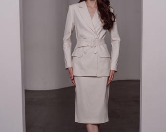 Off White Belted Double Breasted Blazer, Cream Bridal Shower Outfit, Formal Wedding Guest Attire