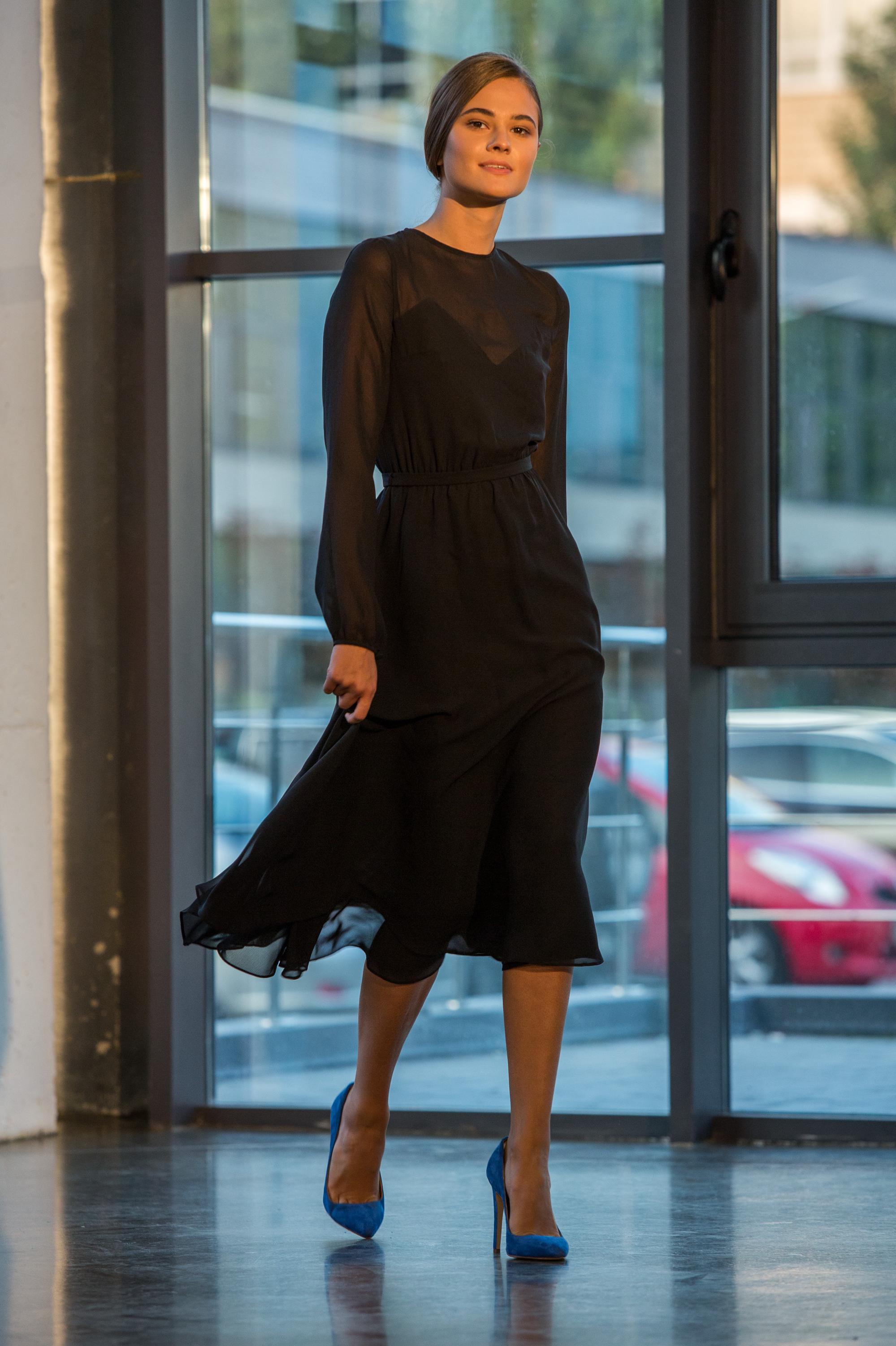 black chiffon midi dress with sleeves ASOS DESIGN Curve tie back fluted sleeve pleated chevron chiffon midi dress  in black