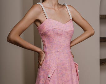 Custom Pink Tweed Dress With Pearl Buttons  Mini to Midi Length, Any Size  - Etsy