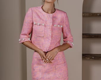 Pink Tweed Crop Blazer | Handmade Pearl Fringe Jacket