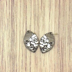 Laser-Cut Floral Dangle Earrings - Handmade Birthday Present in Teardrop Shape with Engraved Stripes, Light Wood, and Beautiful Flowers