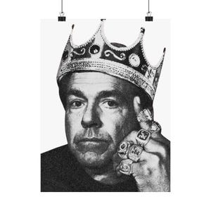 May include: Black and white print of a man wearing a crown and multiple rings. The man is looking directly at the viewer. The crown is ornate with decorative elements. The rings are large and detailed.