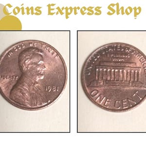Puede incluir: Dos monedas estadounidenses de un centavo de color cobre. Un lado presenta a Abraham Lincoln y el año 1981. El otro lado muestra el Lincoln Memorial y las palabras "ONE CENT". El texto "Coins Express Shop" está en la parte superior.