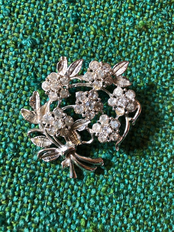 1940's-50's Silver Rhinestone Floral Brooch