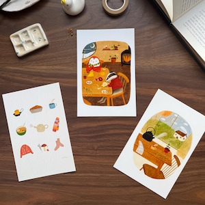 Conjunto de 3 mini impresiones artísticas - paquete de invierno - 4 x 6 pulgadas / elementos esenciales de invierno, impresión de té caliente y tetera, búho y tejón