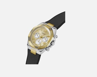 GUESS Equity Men’s Gold Tone Watch | Black Strap | Multi-Function Dial | 45mm | Quartz Movement