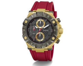 GUESS Men’s 2-Tone Red Strap Watch | Multi-Function | 46mm | Recycled Steel Case | Water Resistant