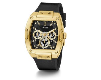 GUESS Men’s Black & Gold Multi-Function Watch | Leather Silicone Strap | Stainless Steel Case | 41.5mm | Water Resistant