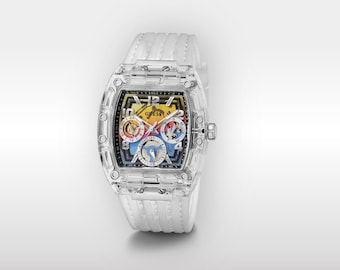 GUESS Men&#39;s Clear Silicone Strap Watch | Rainbow Dial | 50M Water Resistant | Rectangular Case