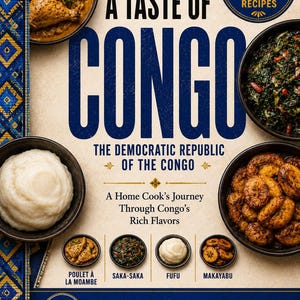 Puede incluir: Un libro de cocina digital titulado A Taste of Congo: The Democratic Republic of the Congo, que presenta 46 recetas congoleñas tradicionales. La portada muestra imágenes de varios platos, incluyendo pollo, verduras, fufu y plátanos fritos.
