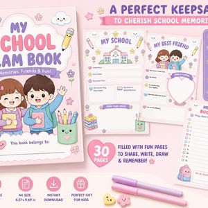 Pode incluir: Um livro de memórias escolares com encadernação em espiral e capa rosa claro com desenhos de crianças, uma mochila e lápis. O conjunto inclui páginas imprimíveis para memórias escolares, um perfil de melhor amigo e uma lista de desejos.