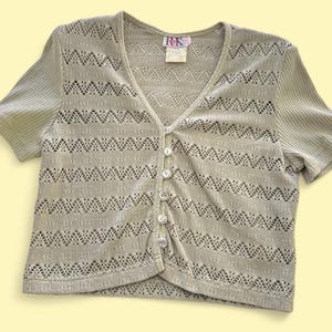 Vintage Knit Cardigan Top | Beige Pointelle Short Sleeve Sweater | 90s R&K Button-Up