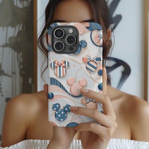 Blue Pink Stripe Minnie, Disney Stained Glass Effect Phone Case, 3D Mosaic Tough Case, Disney Phone Case for iPhone Samsung Google Pixel