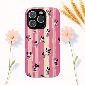Pink Stripe Minnie , Disney Stained Glass Effect Phone Case, Disney 3D Mosaic Tough Case, Disney Phone Case for iPhone Samsung Google Pixel