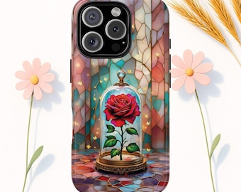 Beauty and the Beast Rose Phone Case, Stained Glass Disney Design, MagSafe Phone Case for Iphone 17 Samsung S26 Google Pixel