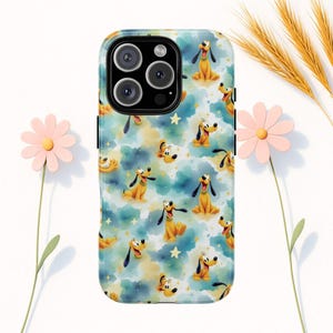 May include: A phone case featuring a repeating pattern of Pluto, the Disney cartoon dog, in various poses. The background is a watercolor-style wash of blue, yellow, and green with scattered stars. The case has a glossy finish.