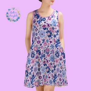 Stitch and Purple Flowers Dress, Disney Dress, Ladies Dress, Summer Dress, Cruise Outfit, Disney Theme Park,  Disney Apparel, Disney Outfit