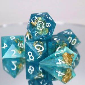 Sunken Treasure DND D20, D6 Dice, Blue Gold Sharp Edge D&D Dice Set, Dungeons and Dragons Polyhedral RPG Dice Set