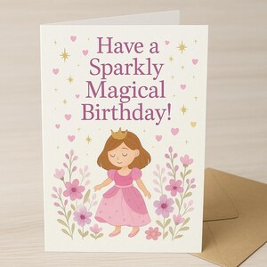 Cartão de aniversário de princesa mágica para meninas – Download digital para impressão – Tema de conto de fadas com flores e brilhos rosa pastel
