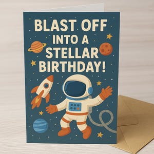 Space Birthday Card for Boys – Printable 5x7 Astronaut Rocket Card – Instant Download Kids Birthday Card