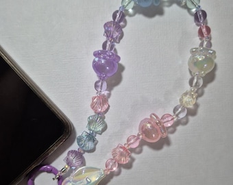 Pastel Octopus Phone Charm Wristlet, Beaded Phone Strap, Cute Ocean Seashell, Pink, Purple, Blue, Pearl