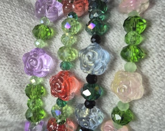Rose Flower Bracelet, Crystal Beaded Bracelet, Handmade Floral Jewellery, Cottagecore | Custom Wrist Size
