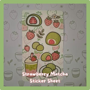 Strawberry Matcha Sticker Sheet | Kawaii Cafe Aesthetic Stickers for Journaling, Planners & Scrapbooking