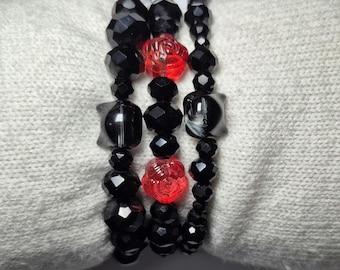 Black Glass Cat Head Beaded Bracelet Stack, Gothic, Handmade Elastic Crystal Beaded, Custom Sizing
