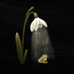 Puede incluir: Una flor de campanilla blanca con hojas verdes, que brilla con una luz suave, iluminando una pequeña rana verde sentada sobre un fondo negro.