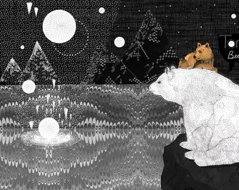 May include: A white polar bear with a smaller brown bear cub on its back stands on a black rock. The polar bear is looking to the left, and the cub is looking at the viewer. The background is a black and white illustration of a starry night sky with mountains and a lake.