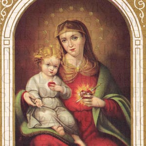 Holy Prayer Card / Sacred heart Mary / Sacred Heart Jesus / Digital Instant Download / Mary and Jesus / Mother and Child / Mary Prayer Card image 1