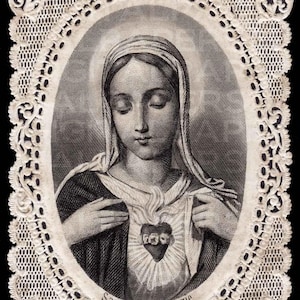 Santino di preghiera di pizzo / Vergine Maria / Sacro cuore di Maria / carta di preghiera Madonna / 3 dimensioni / Download digitale carta istantanea / Vintage Ephemera