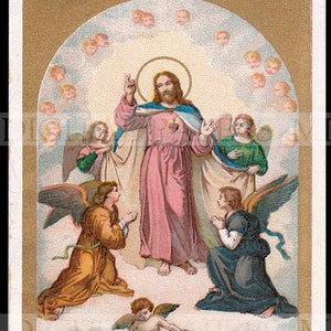 Jesus Holy Prayer Card / Jesus Holy Card / Jesus and Angels / Digital Download / Holy Card Ephemera / Angels and Cherubs / Sacred Heart