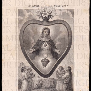 Sacred Heart / Mary Engraving / Sacred Heart Holy Prayer Card / Sacred Heart Print / Sacred Heart Jesus / Digital Instant Download / 3 Sizes
