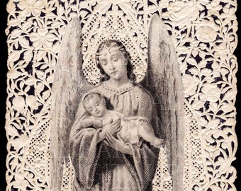 May include: A black and white illustration of an angel holding a baby. The angel has wings and a halo. The image is surrounded by a decorative lace border. The text "Don précieux que j'apporte à la terre, protégez le, mon Dieu." is printed below the image.