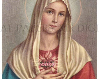 Mary Holy Prayer Card / Virgin Holy Card / Sacred Heart Prayer Card / 3 sizes/ Digital Download/ Holy Card Ephemera / Virgin Mary Card