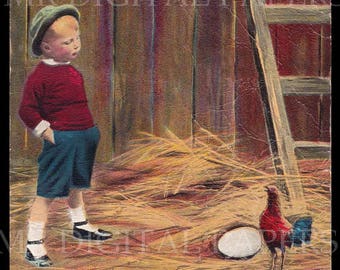 Antique Postcard / Easter Card / Chicken Postcard / Digital Instant Download / Paper Ephemera / Boy with Chicken / Vintage Postcard