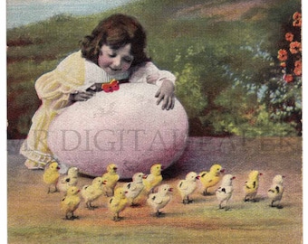 Antique Postcard / Easter Card / Easter Egg Postcard / Digital Instant Download / Paper Ephemera / Girl with Chicks / Vintage Postcard