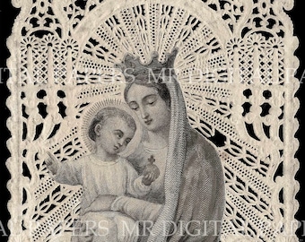 Lace Holy Prayer Card. Mary Madonna and Child.  12 x 18. Digital Paper Download Scrapbooking Supplies. Instant Download. High Resolution