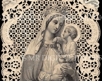 Lace Holy Prayer Card. Mary Madonna and Child.  12 x 18. Digital Paper Download Scrapbooking Supplies. Instant Download. High Resolution