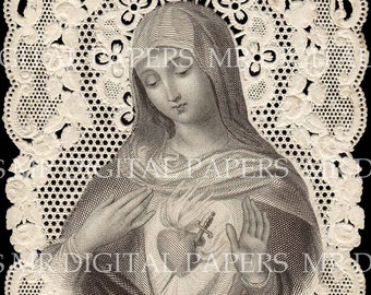 Lace Holy Prayer Card / Virgin Mary / Sacred Heart of Mary / Madonna Prayer Card / 3 sizes/ Digital Paper Instant Download/ Vintage Ephemera