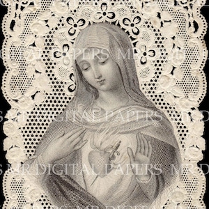 Encaje Tarjeta de Oración Santa / Virgen María / Sagrado Corazón de María / Virgen Tarjeta de Oración / 3 tamaños / Digital Paper Instant Download / Vintage Ephemera