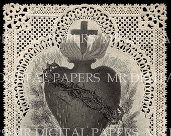 Lace Holy Prayer Card / Sacred Heart / Holy Card / Sacred Heart Jesus / Antique Prayer Card / Digital Instant Download/ Paper Ephemera