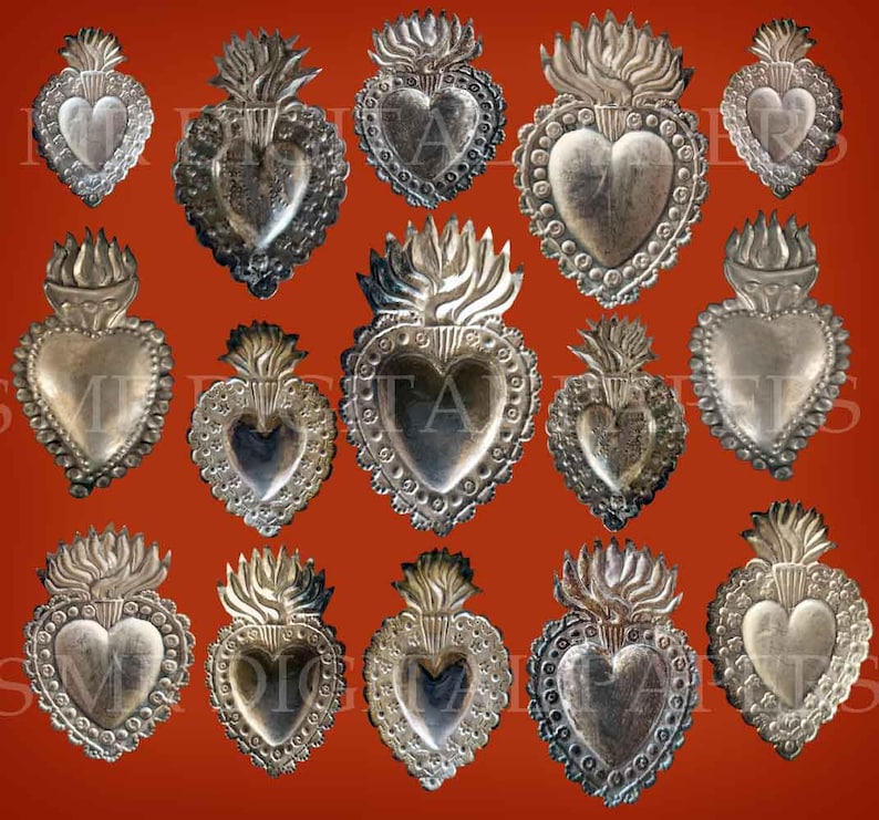 Ex Voto Sacred Heart / Sacred Heart Reliquary / Sacred Heart Jesus / Sacred Heart Download / Lot of 15 / Sacred Heart / Silver Sacred Heart image 1